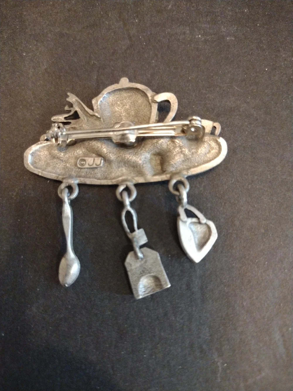 Tea Time Dangly Brooch Pewter Cup Bag Spoon Pin